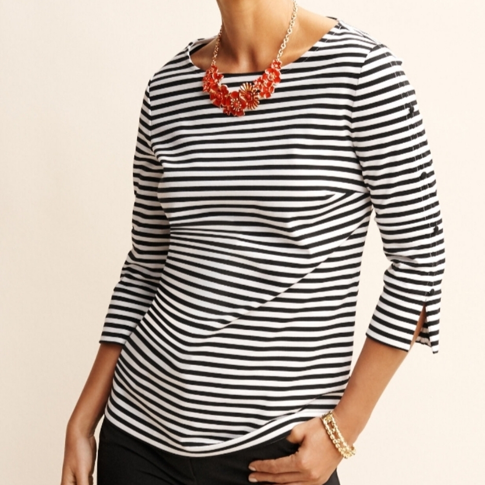 Talbots Coastal Black/White Striped Nautical 3/4 Length Button Detail Sleeve Top